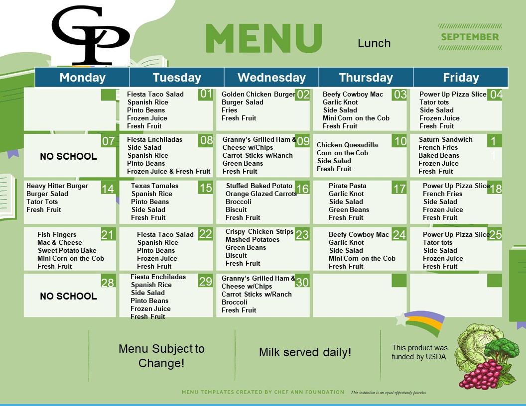 A school lunch menu grid in shades of green displaying meals for Monday through Friday.